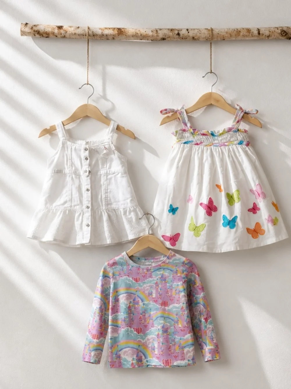 Girls White Butterfly Sundress, White Button Tank & Rainbow Long Sleeve Top Set